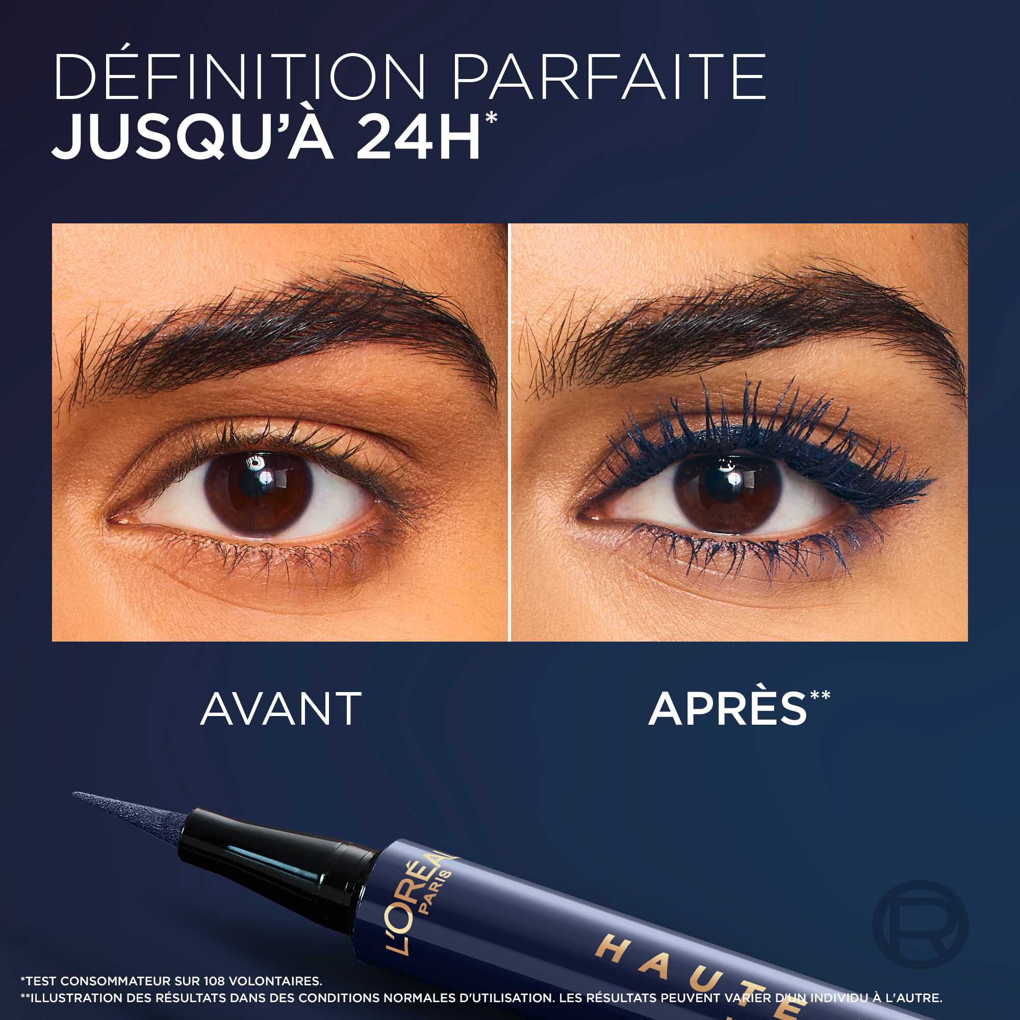 Comparatif avant/apres de maquillage des yeux avec l'eyeliner, illustrant une definition parfaite jusqu'a 24h​