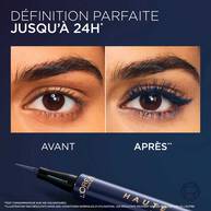 Comparatif avant/apres de maquillage des yeux avec l'eyeliner, illustrant une definition parfaite jusqu'a 24h​