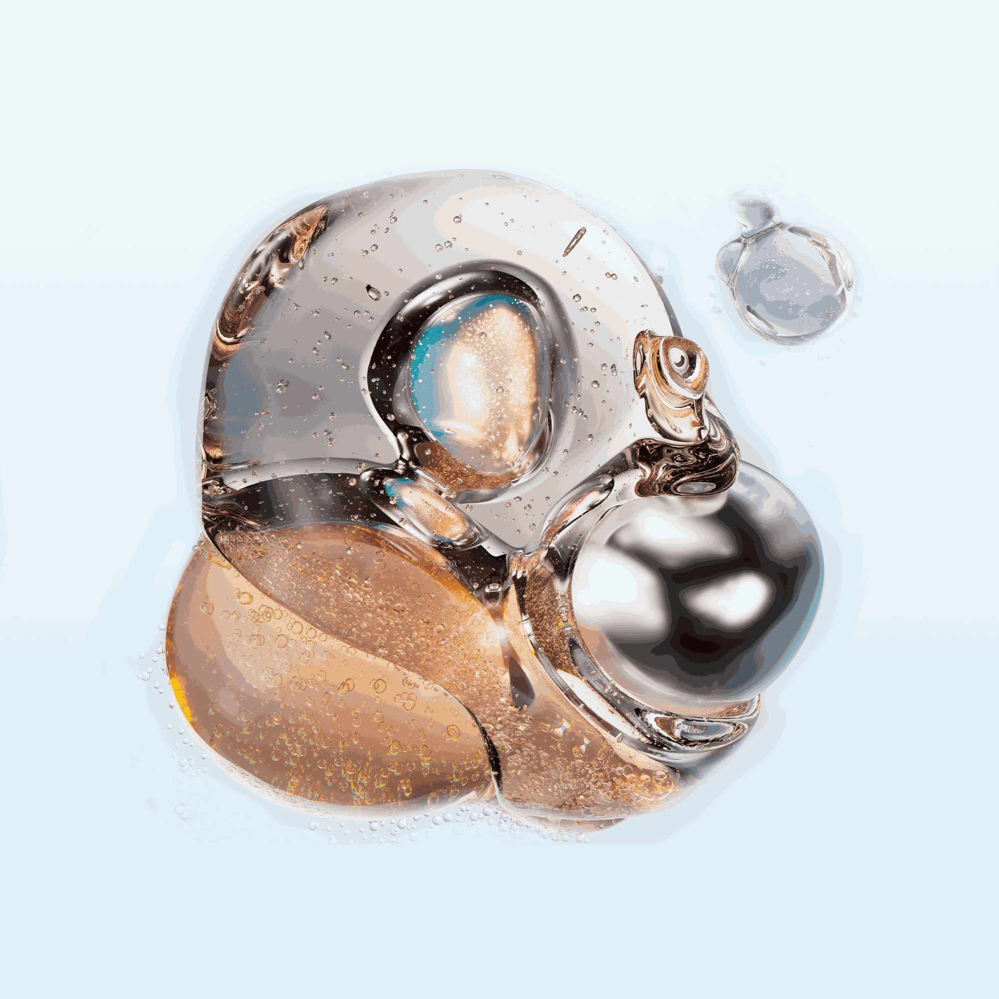 Un liquide visqueux transparent et ambre avec des bulles, sur un fond bleu clair.​