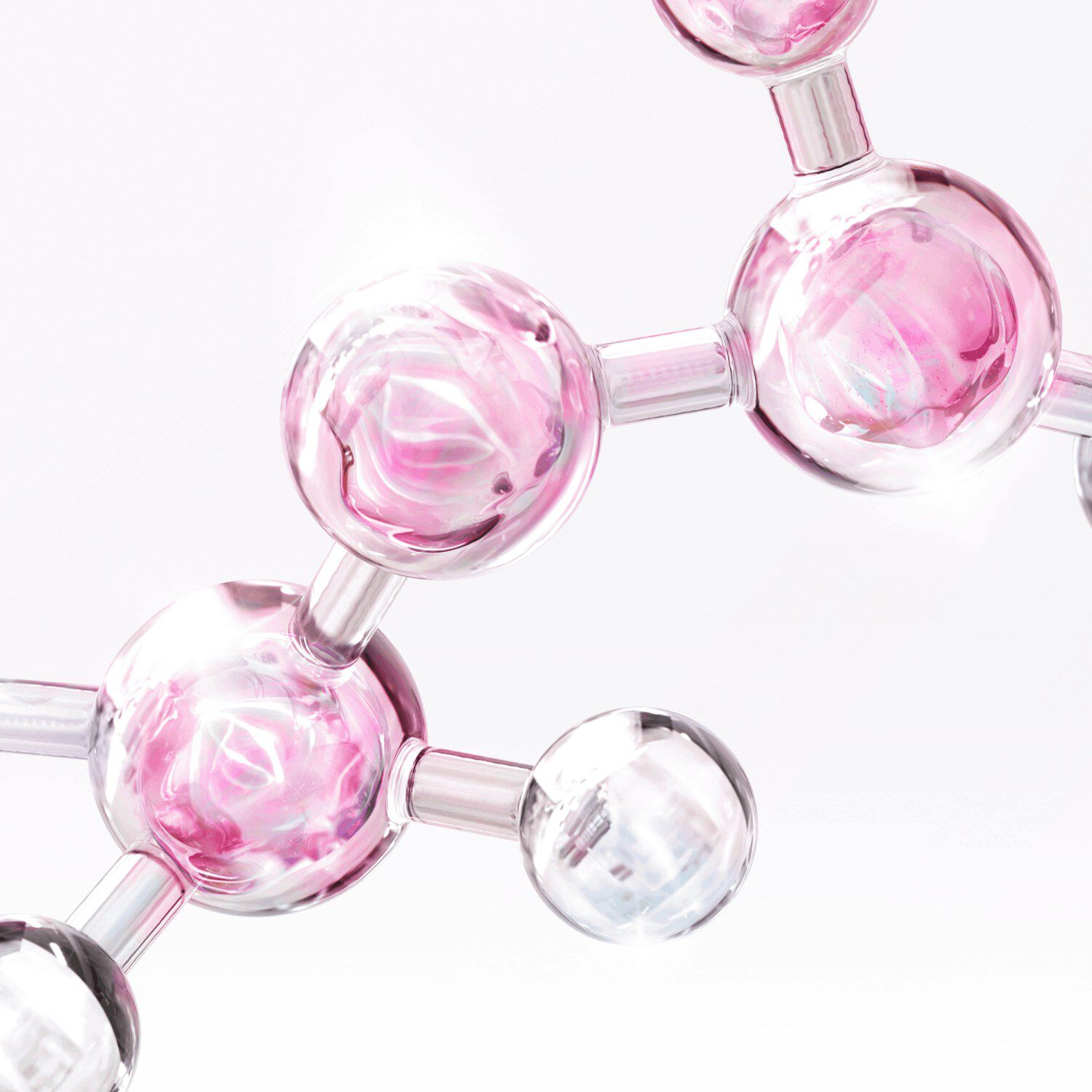 Molecule stylisee en 3D avec des atomes roses et clairs relies par des liaisons transparentes, sur un fond blanc.​