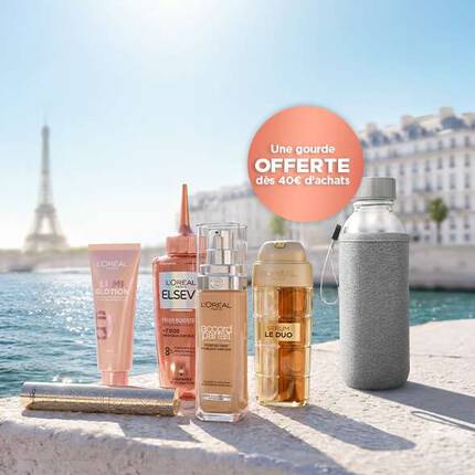 Visuel publicitaire pour L'Oreal Men Expert. Sur la partie gauche, une pastille bleue promotionnelle annonce « Une trousse Men Expert OFFERTE des 40€ d'achats, dans la gamme HOMME » a cote de produits Barber Club et Power Age. La moitie droite de l'image est un espace vide sur un mur en beton gris avec une fenetre qui donne sur la Tour Eiffel.