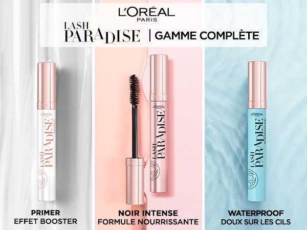 Visuel mobile de la gamme complète Lash Paradise de L'Oréal Paris présentant les trois produits : le Primer effet booster, le Mascara Noir Intense formule nourrissante, et le Mascara Waterproof doux sur les cils.​