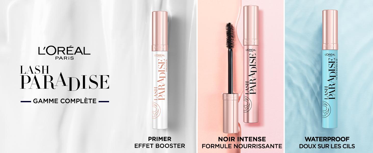 Visuel desktop de la gamme complète Lash Paradise de L'Oréal Paris présentant les trois produits : le Primer effet booster, le Mascara Noir Intense formule nourrissante, et le Mascara Waterproof doux sur les cils.​